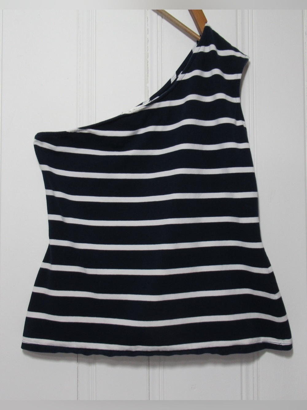 Boston Proper Black and White Striped One-Shoulder Tank